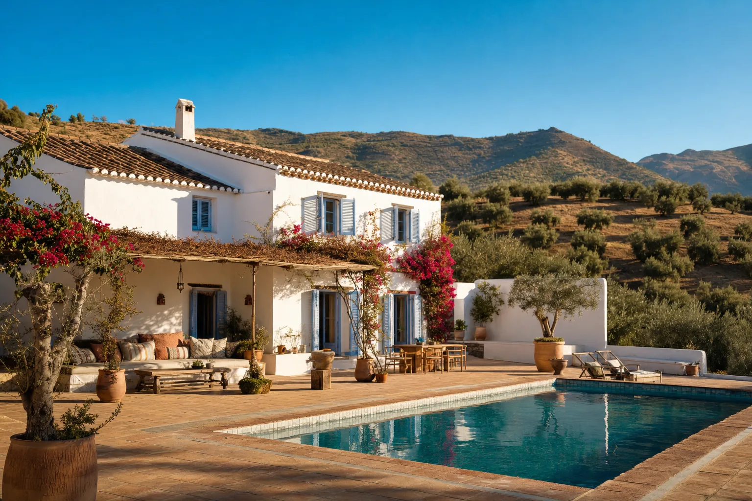 A whitewashed Andalusian house with a pool, olive trees and hills behind