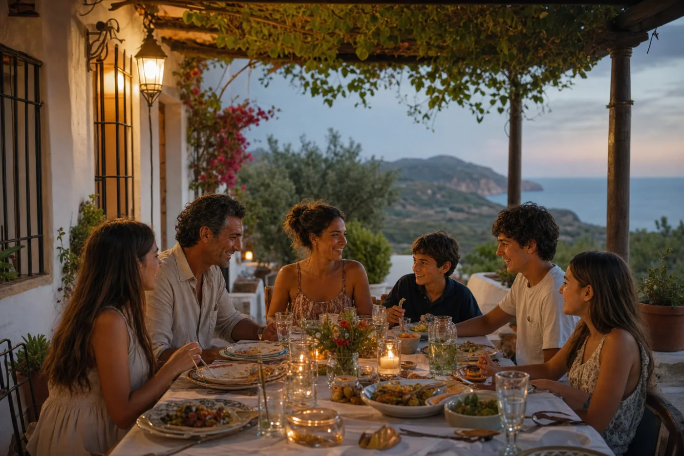 A family eating outside on a shaded Spanish terrace in the evening